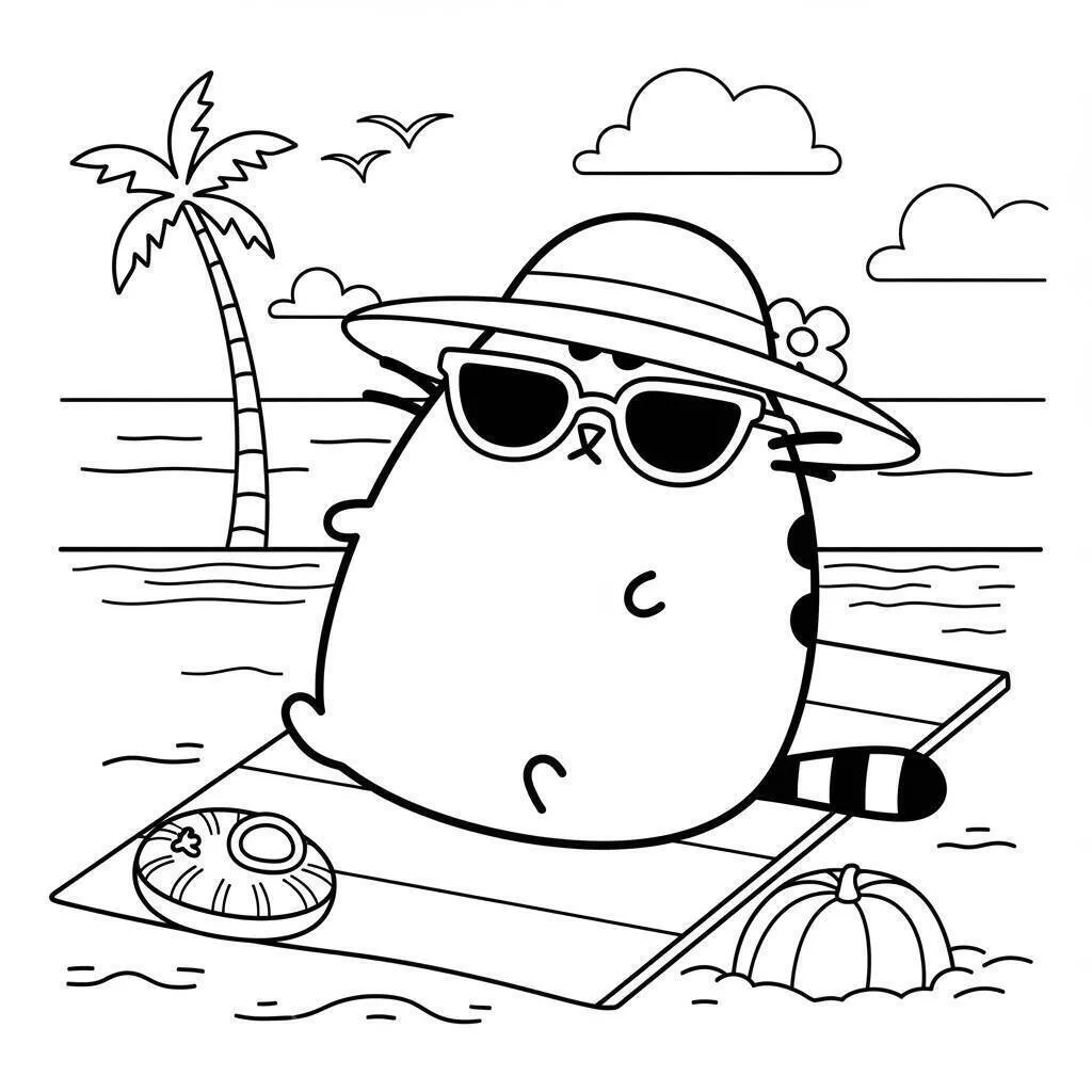 Página para colorear de pusheen en la playa con gafas de sol