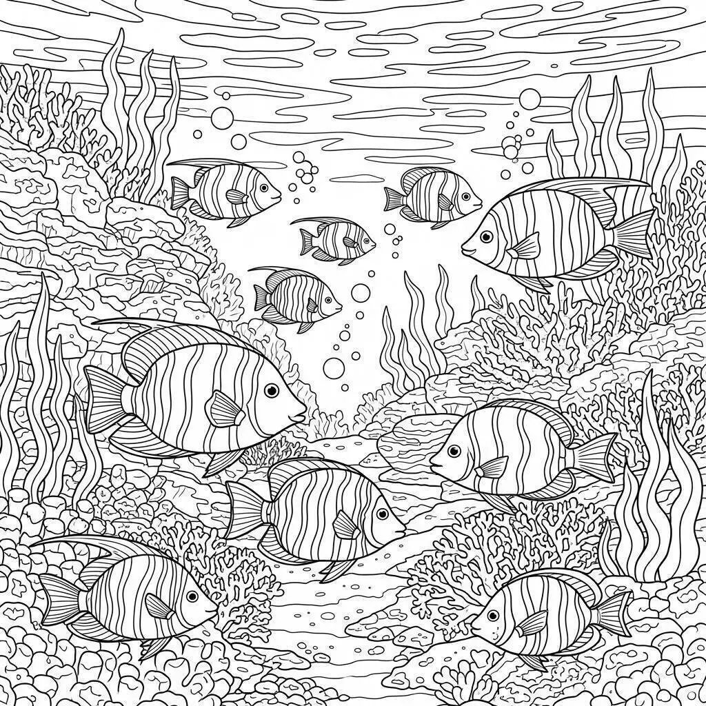 Peces de colores en un arrecife para colorear