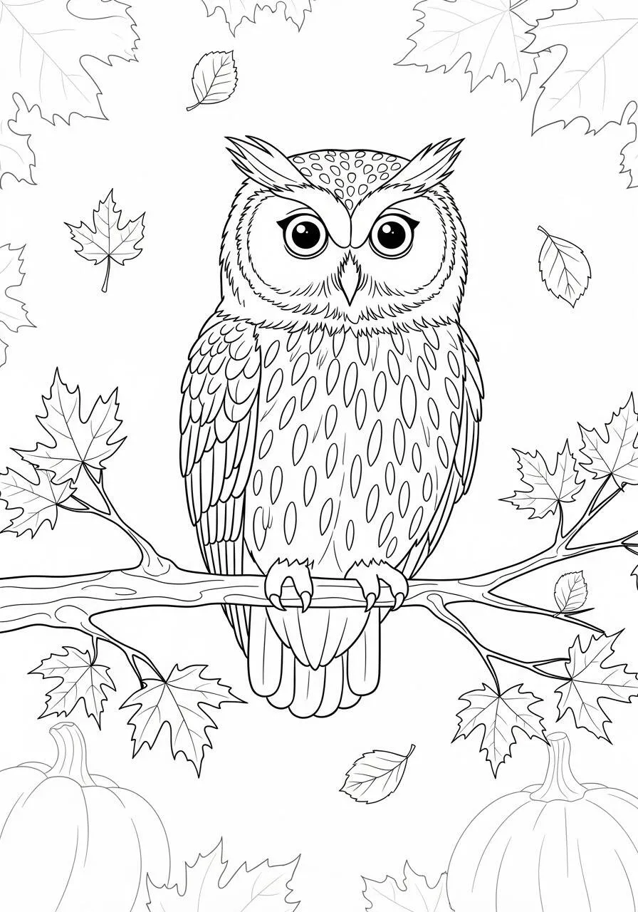Autumn Coloring Page with Owl and Leaves