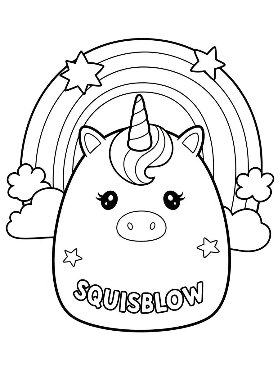 Desenho de Squishmallow Unicórnio com Estrelas e Arco Íris para Colorir