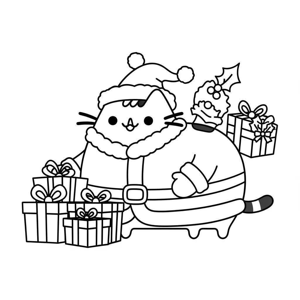 Página para colorear de pusheen como Papá Noel con regalos