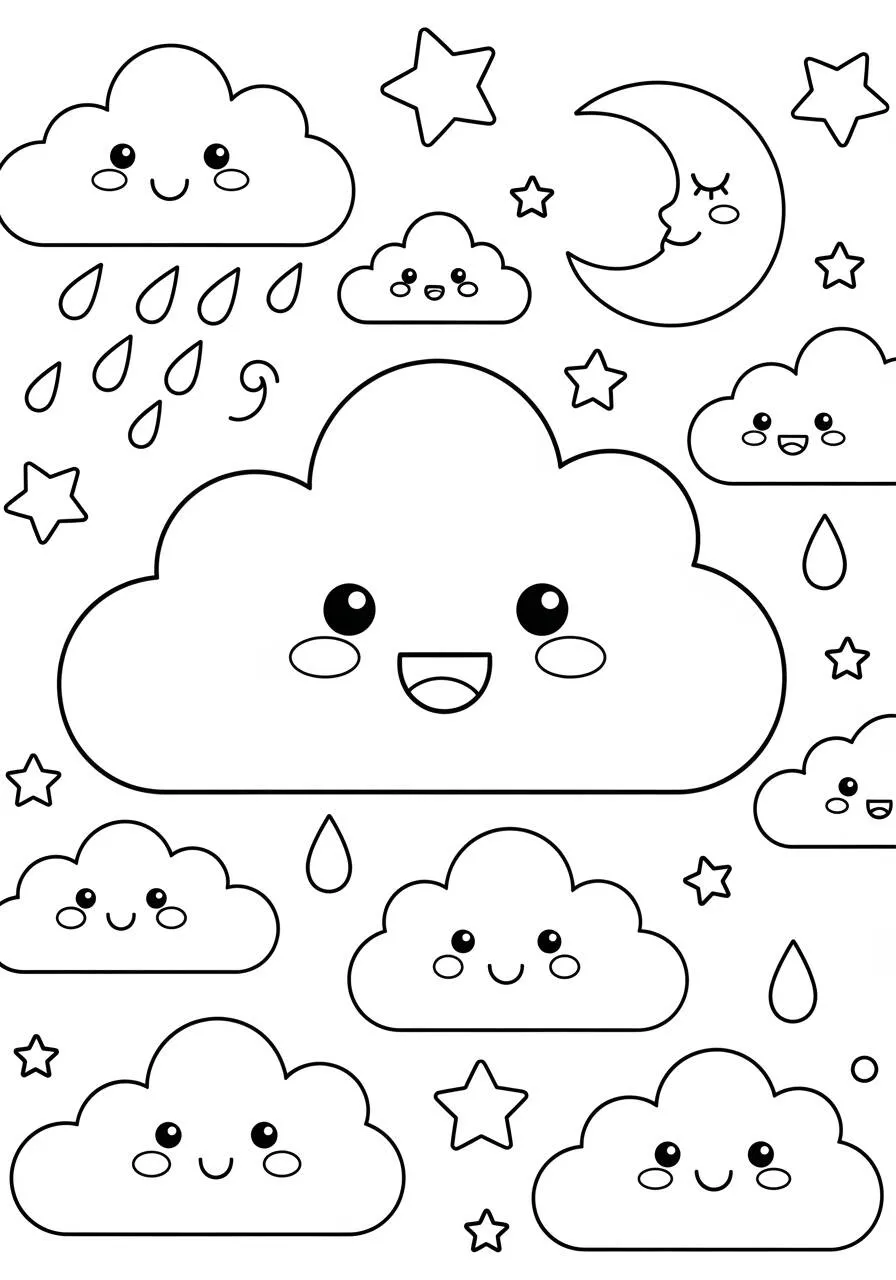 Desenho Kawaii de Nuvens Felizes com Estrelas e Lua para Colorir