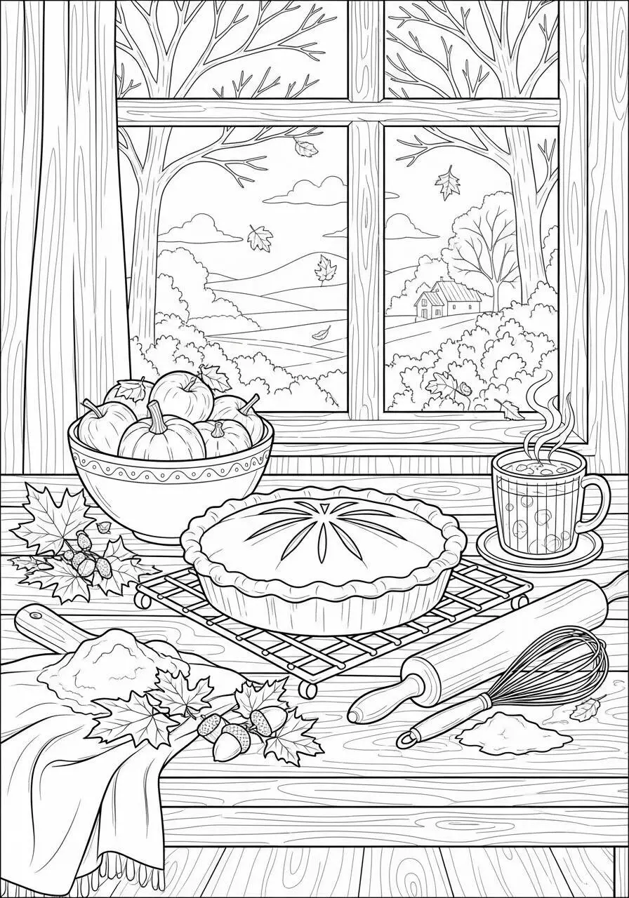 Autumn Coloring Page with Apples and Pie