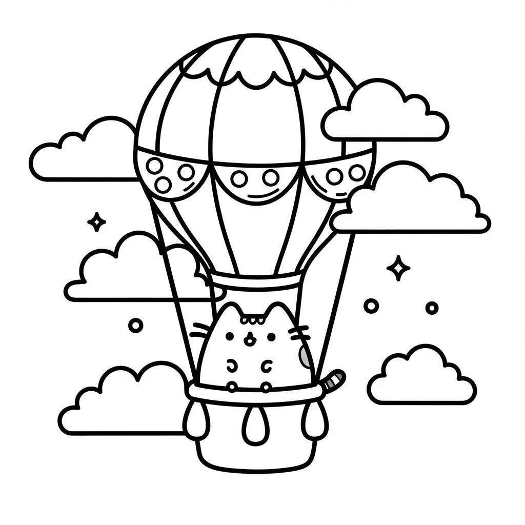 pusheen en un globo aerostático Página para colorear