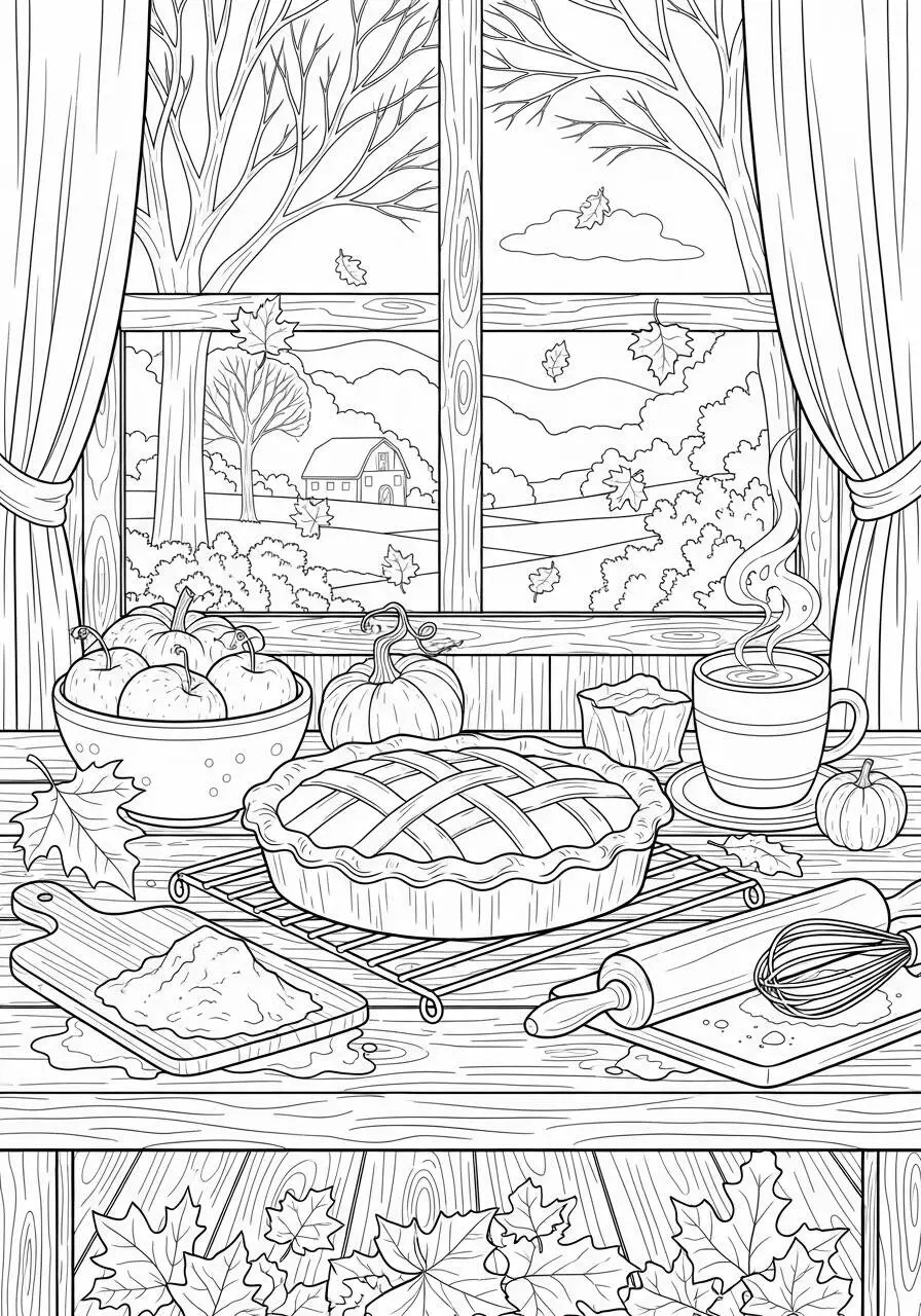 Autumn Drawing with Pies and Fruits Coloring Page