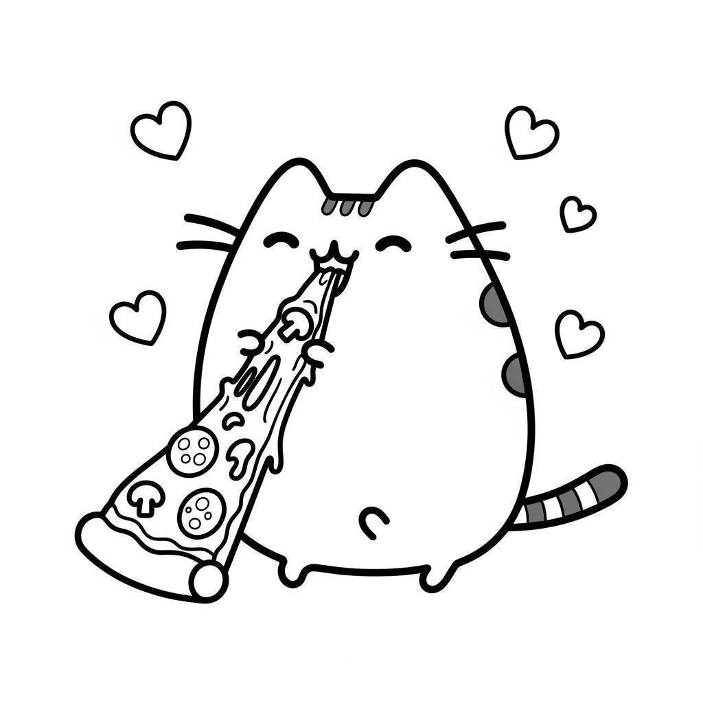 pusheen comiendo deliciosa pizza para colorear