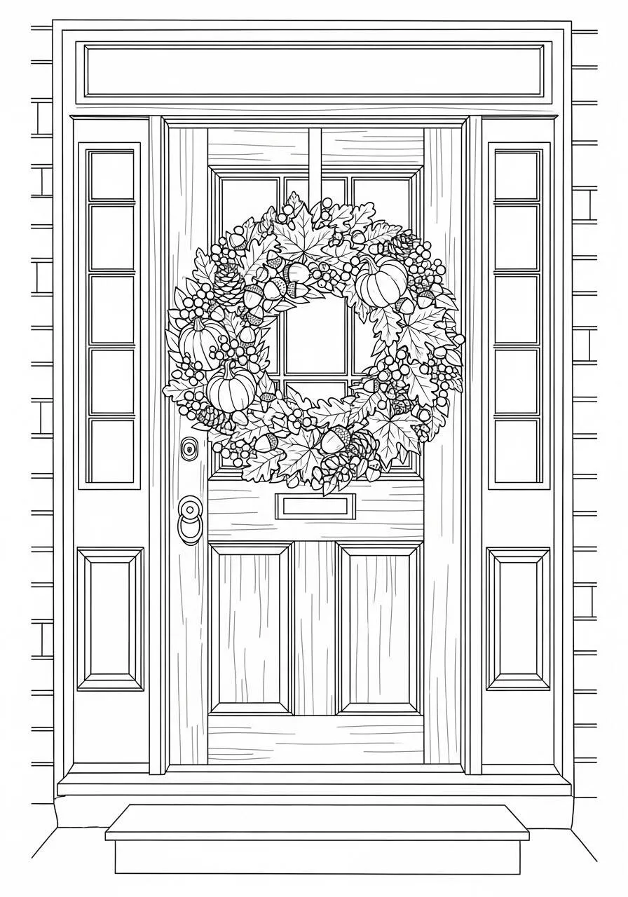 Autumn Coloring Page with Pumpkin Wreath on the Door