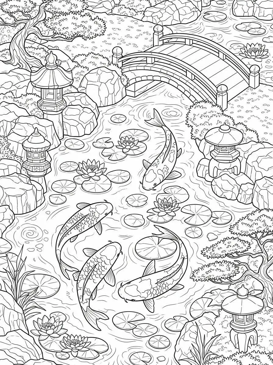 Página para colorear de peces koi en el estanque de lotos