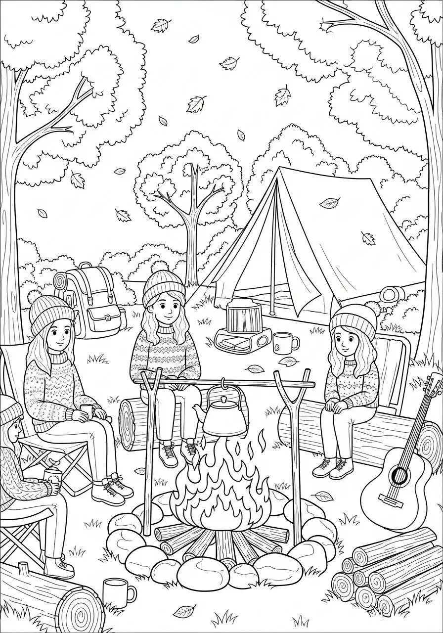 Desenho de Outono com Amigas Acampando ao Redor da Fogueira para Colorir