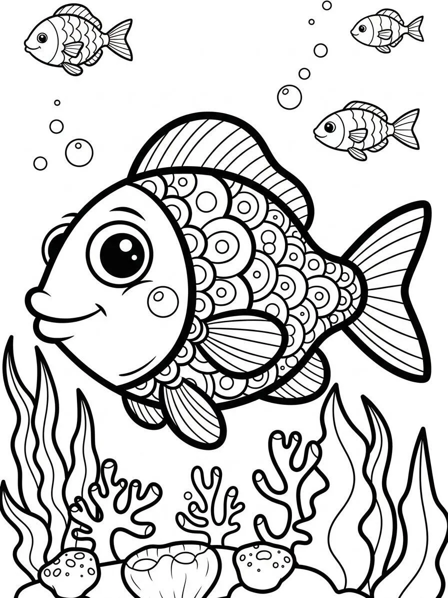 Dibujo de Pez sonriente con corales para colorear
