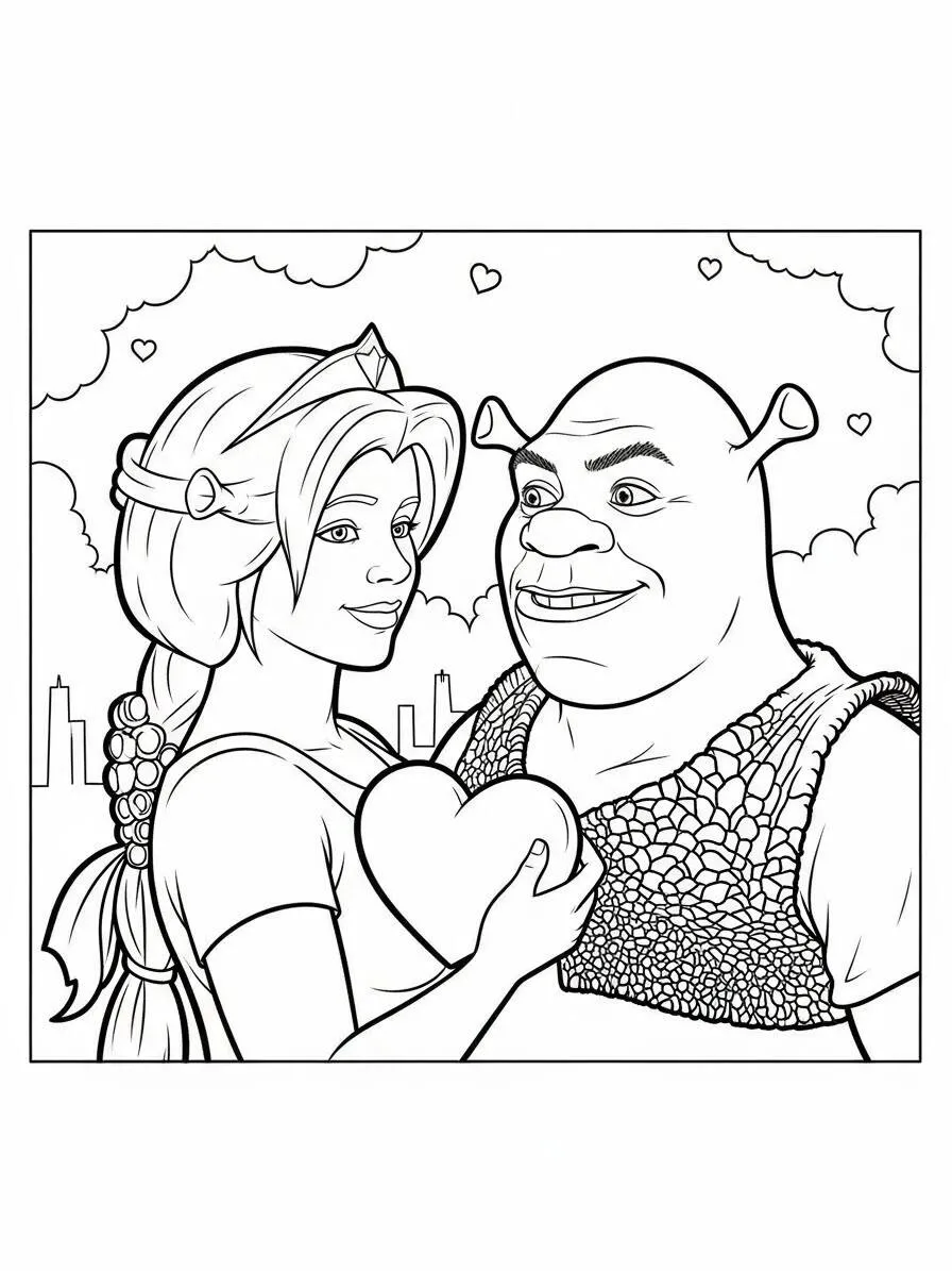 Dibujo para colorear shrek y Fiona con corazón