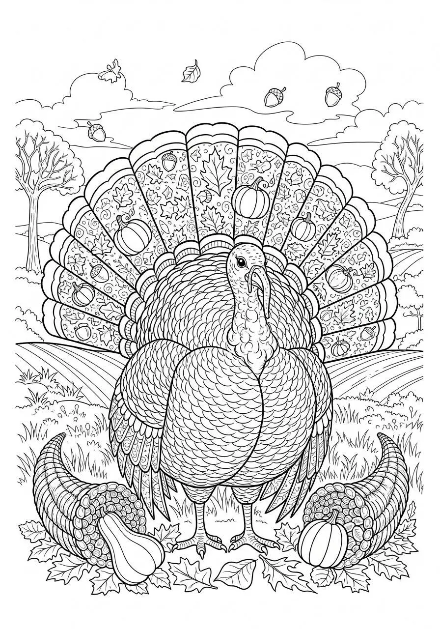 Desenho de Outono com Peru e Abóboras para Colorir