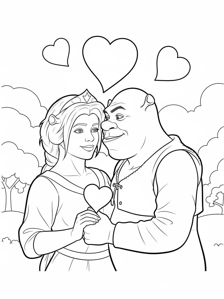 Dibujo para colorear shrek y Fiona enamorados