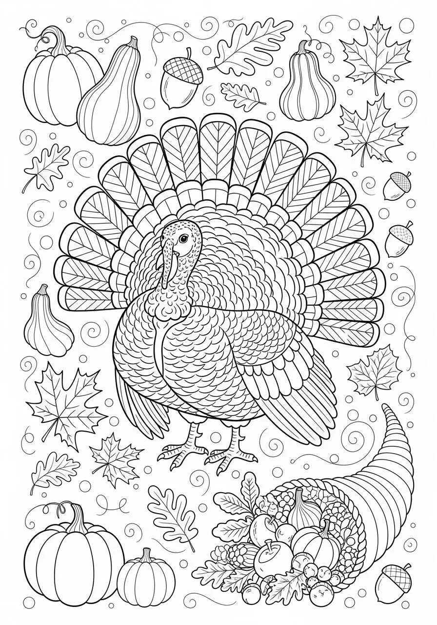 Desenho de Outono com Peru e Cornucópia para Colorir