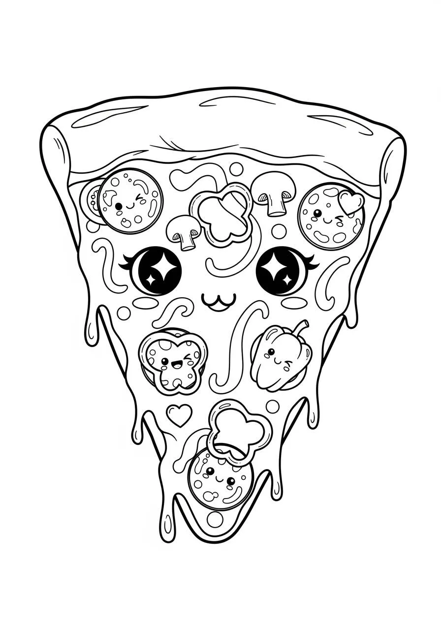 Desenho Kawaii de Fatia de Pizza Fofa para Colorir