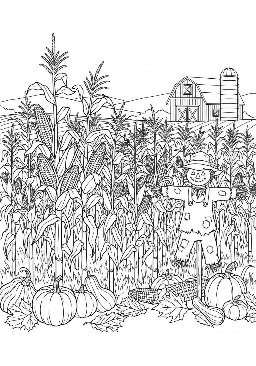 Autumn Coloring Page with Scarecrow and Pumpkins