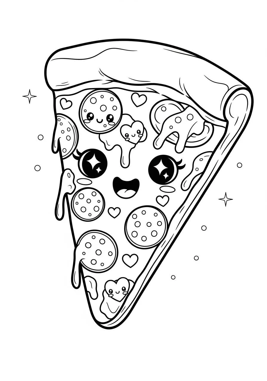Desenho Kawaii de Fatia de Pizza Feliz para Colorir