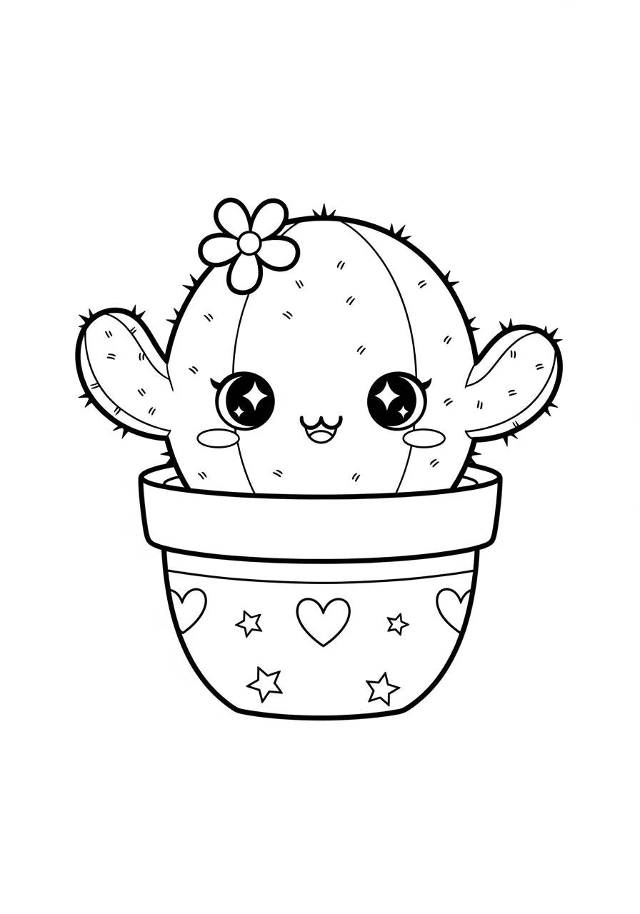 Desenho Kawaii de Cacto Fofo com Sorriso para Colorir