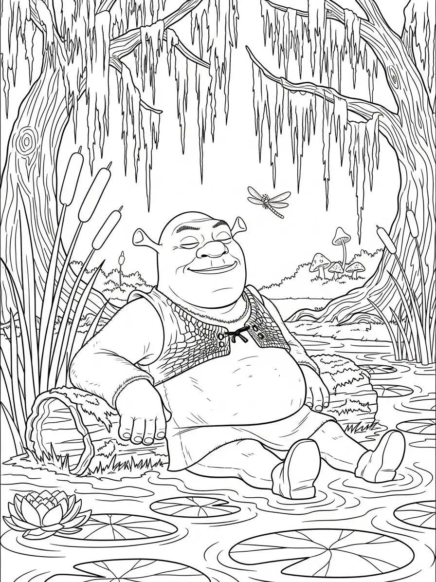 shrek relajándose en el pantano Página para colorear