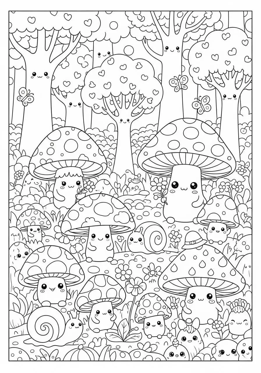Kawaii-Pilze und niedliche Tiere zum Ausmalen