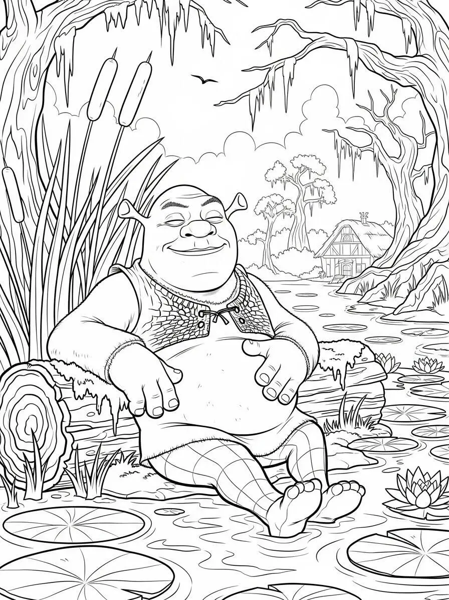 shrek relajándose en el pantano Página para colorear