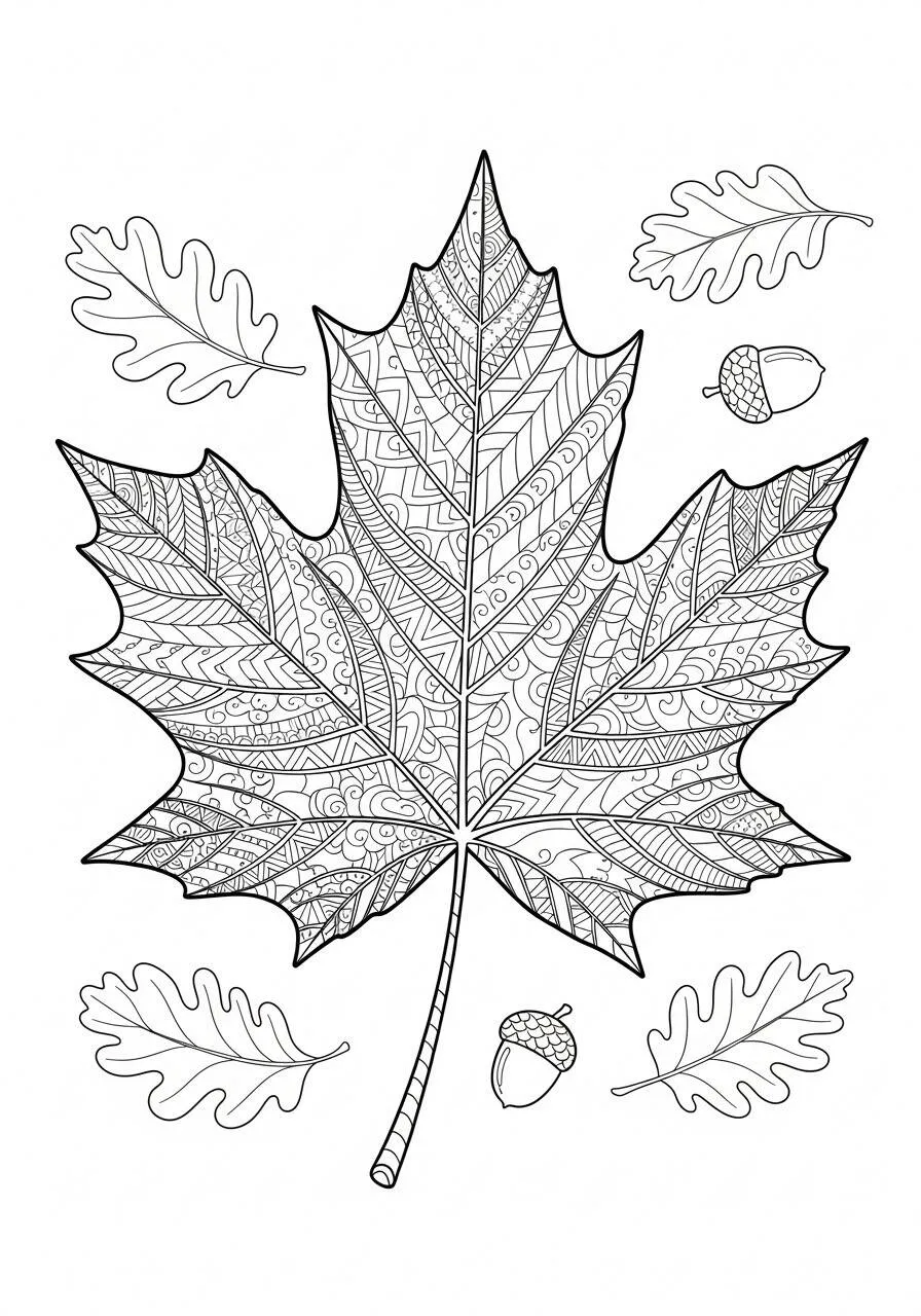Autumn Drawing with Oak Leaf and Acorns to Color
