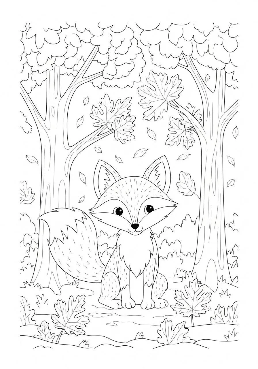 Desenho de Outono com Raposa em Meio às Folhas para Colorir
