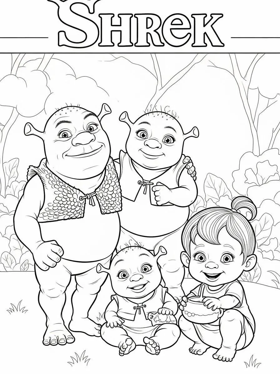 Dibujos para colorear de shrek con sus hijos
