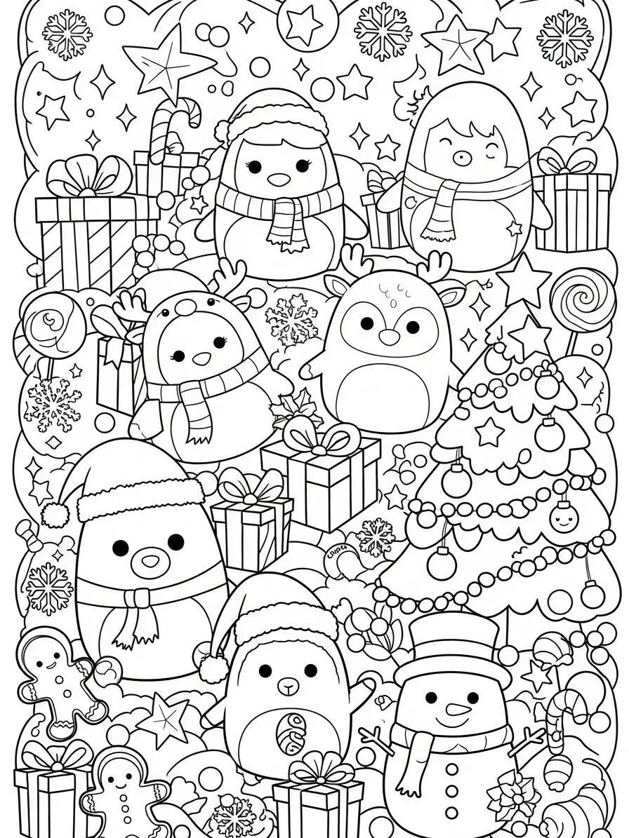 Desenho de Squishmallow Natalino com Pinguins e Presentes para Colorir