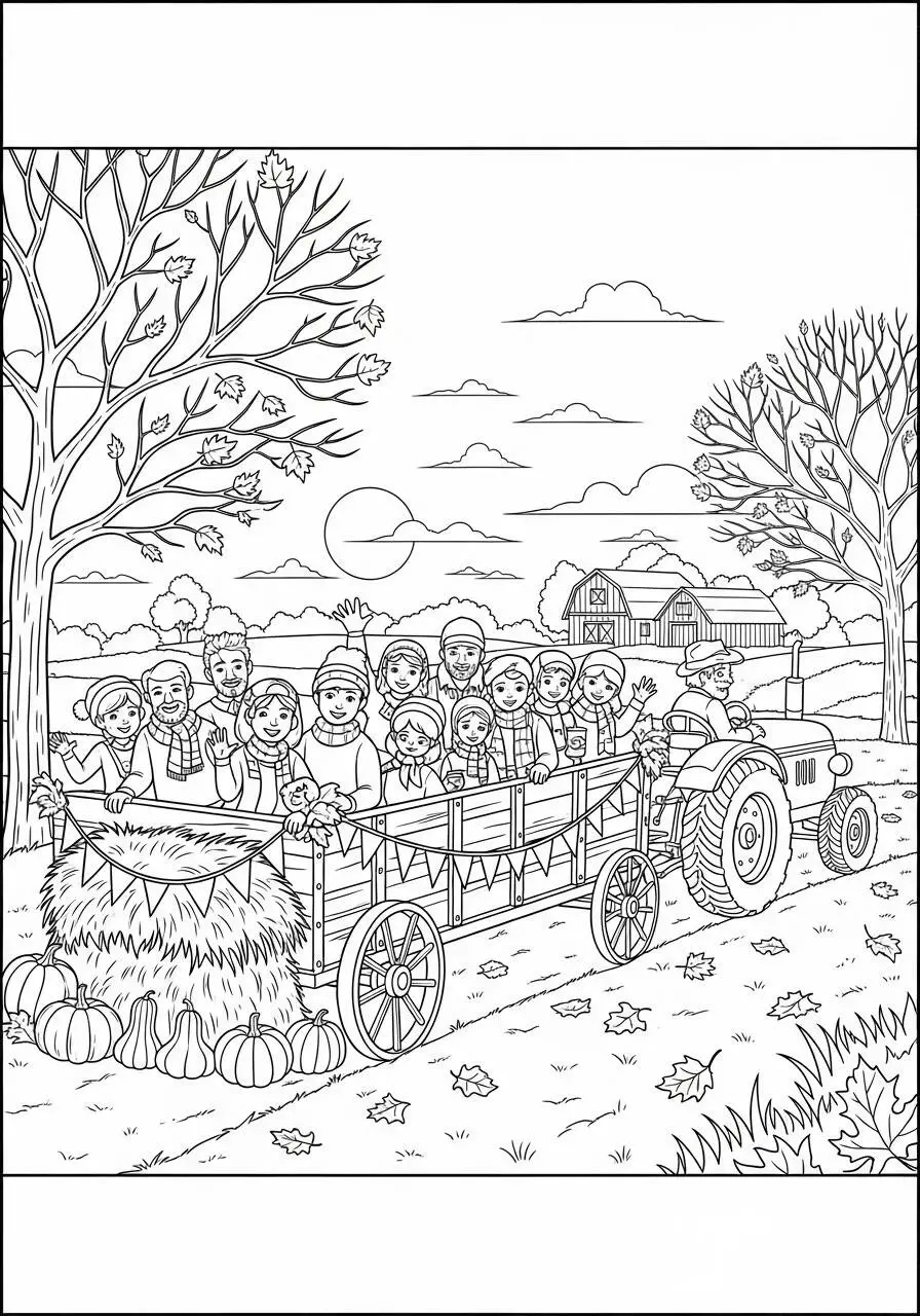 Autumn Coloring Page with Kids on a Tractor and Pumpkins