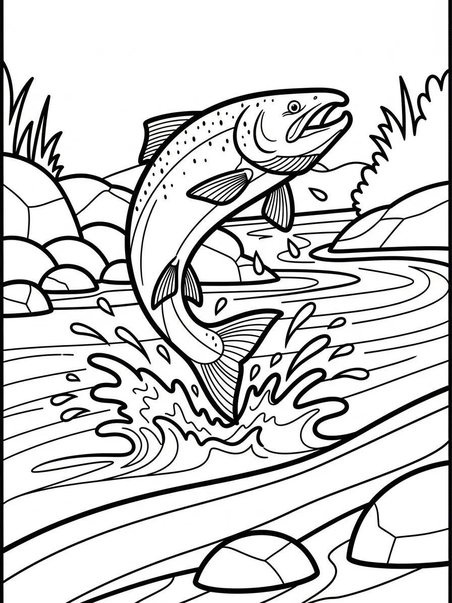 Página para colorear de salmón saltando en un río