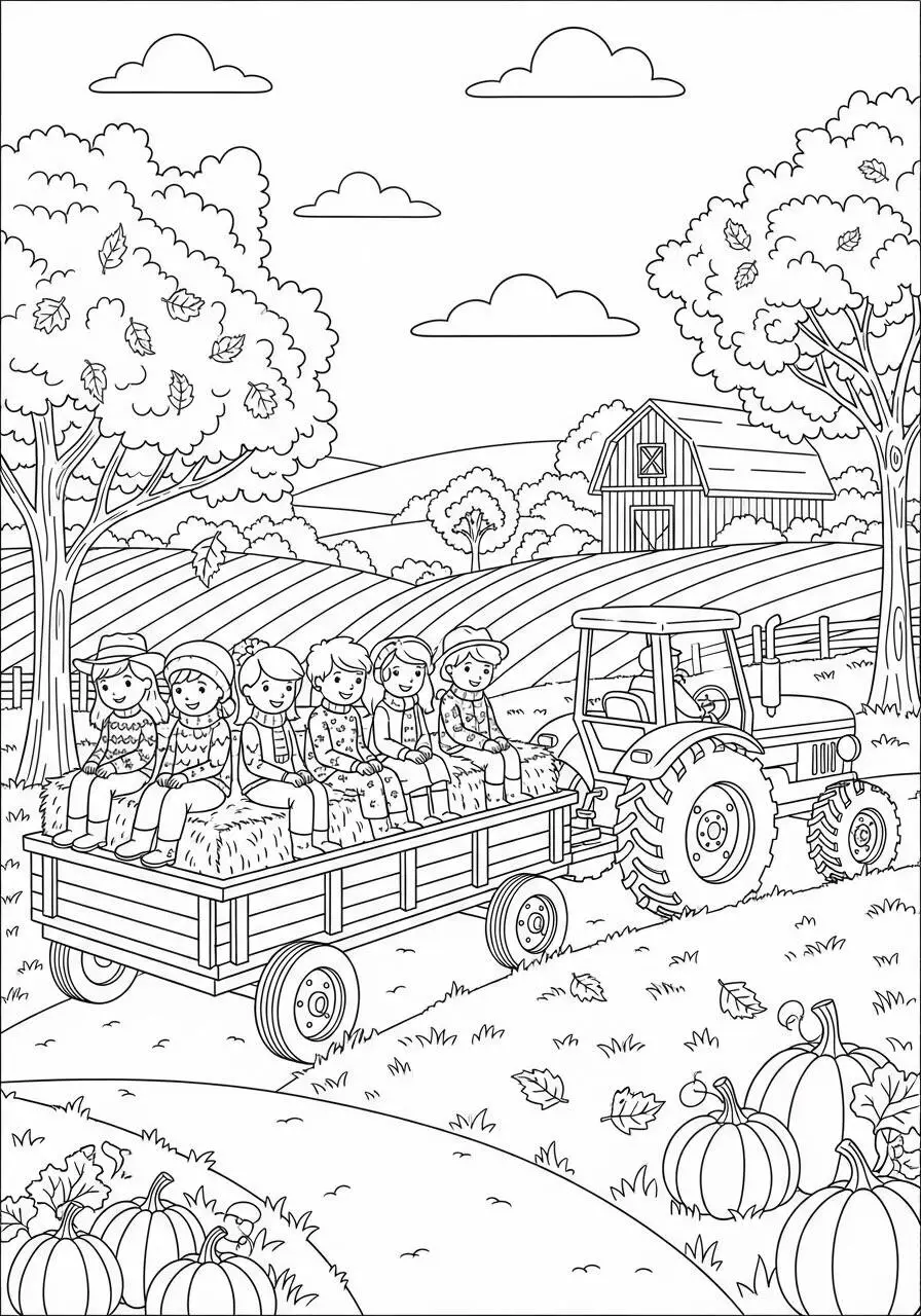 Autumn Coloring Page with Children in a Hay Cart