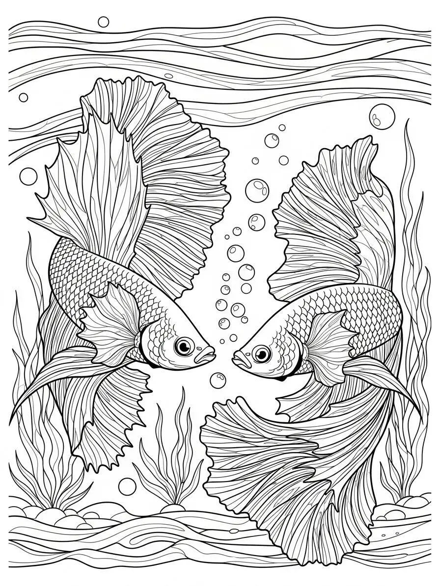 Dibujo de Peces Dorados en un Ambiente Acuático para Colorear