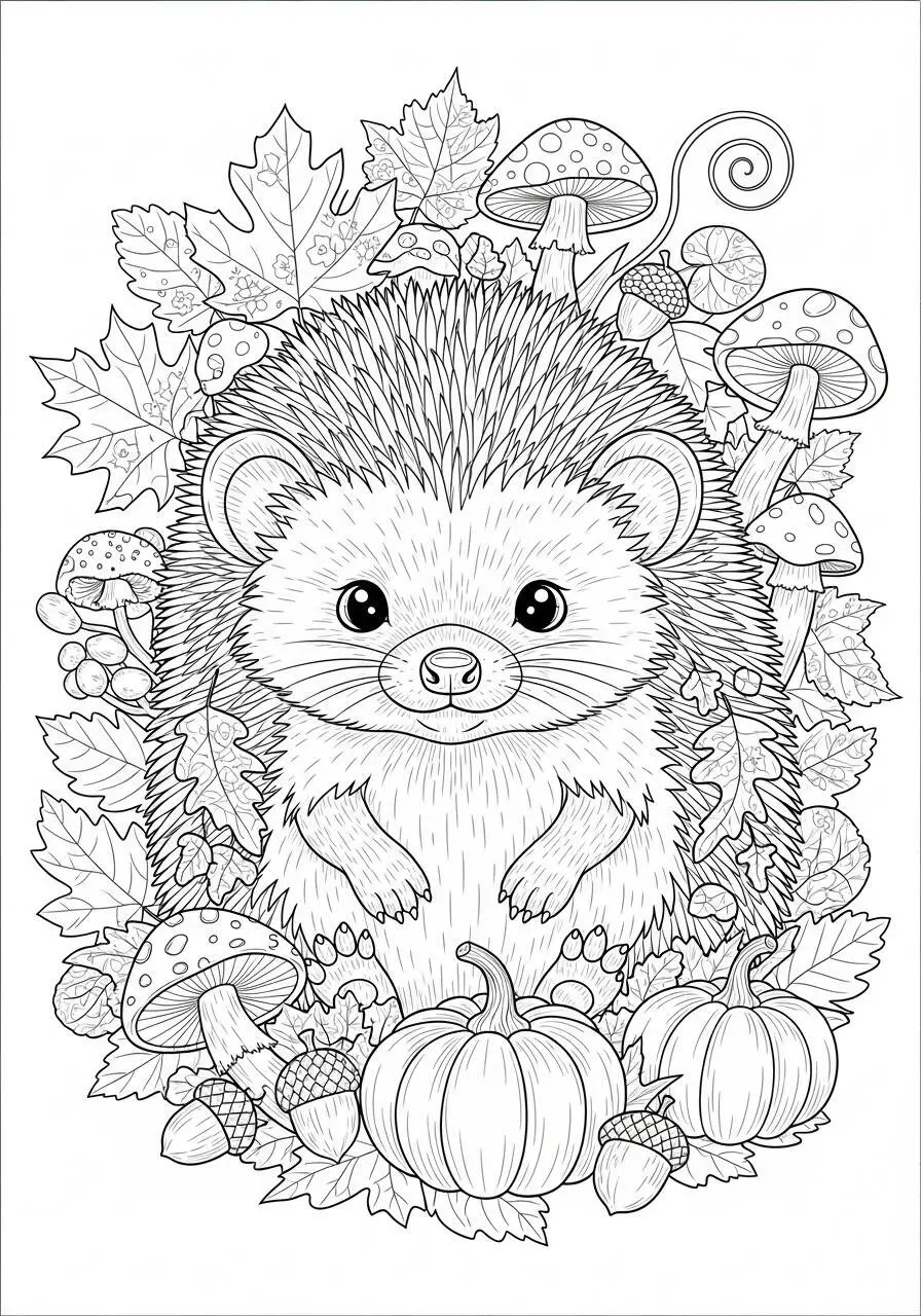 Autumn Coloring Page with Hedgehog and Mushrooms