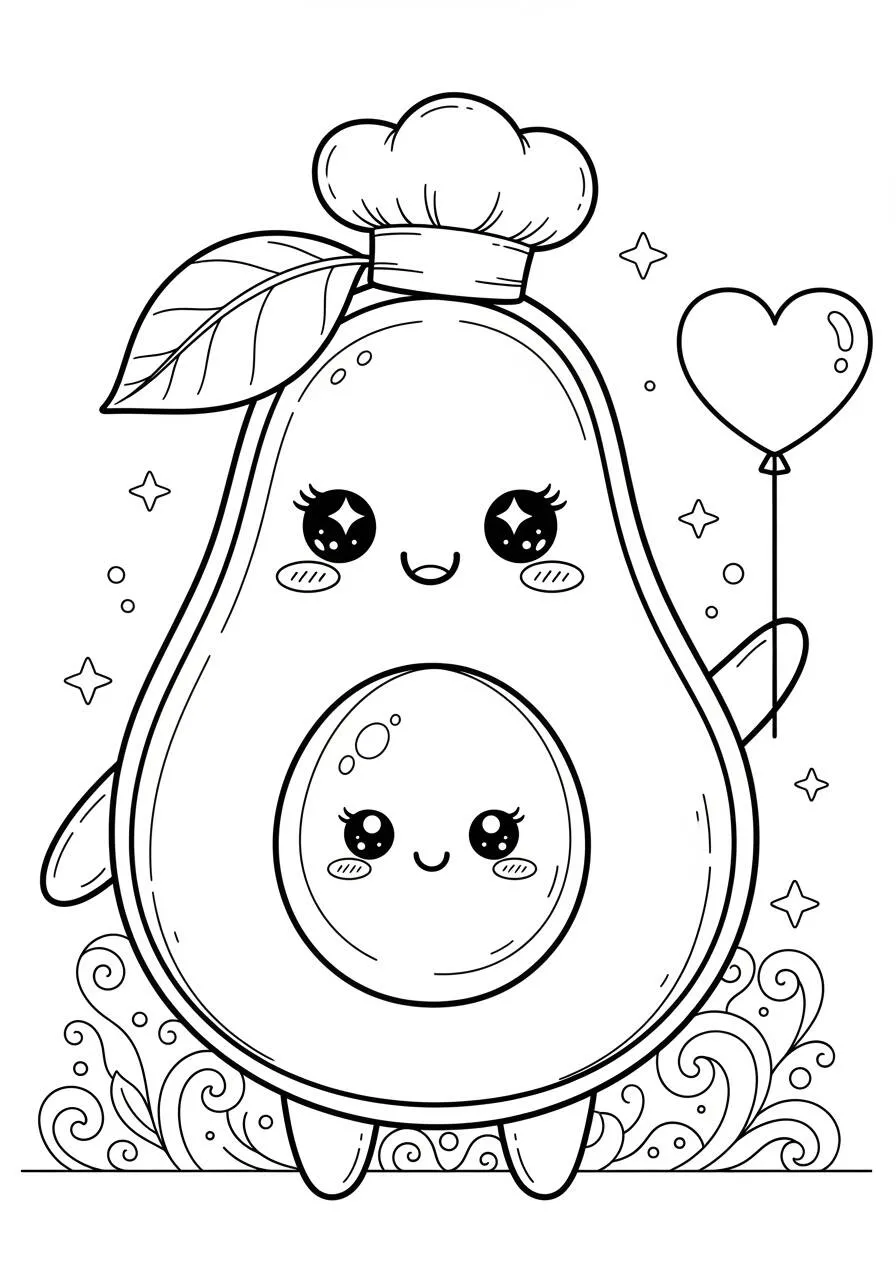 Desenho Kawaii de Abacate Fofo com Coração para Colorir