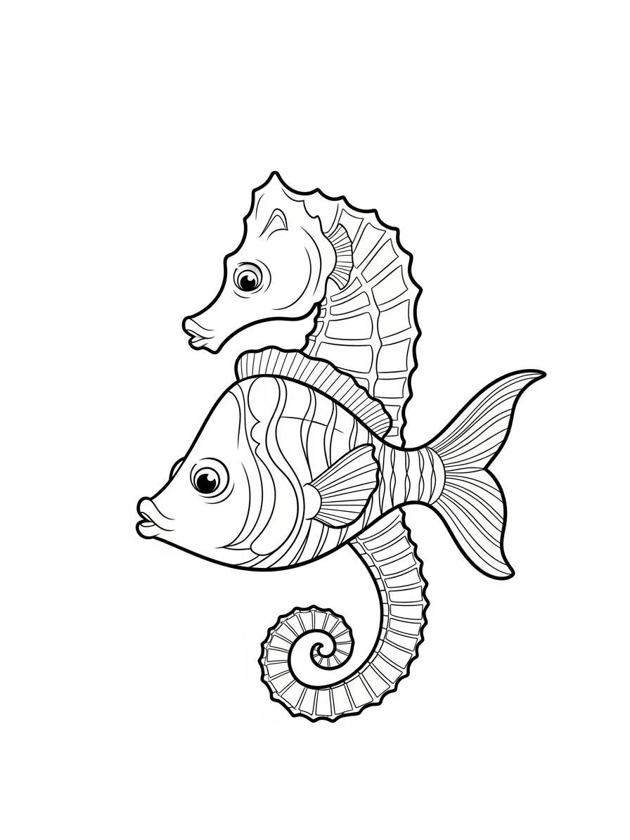 Página para colorear de caballitos de mar y peces de colores