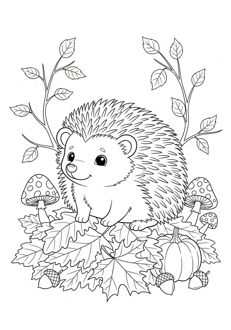 Autumn Coloring Page with Hedgehog and Leaves