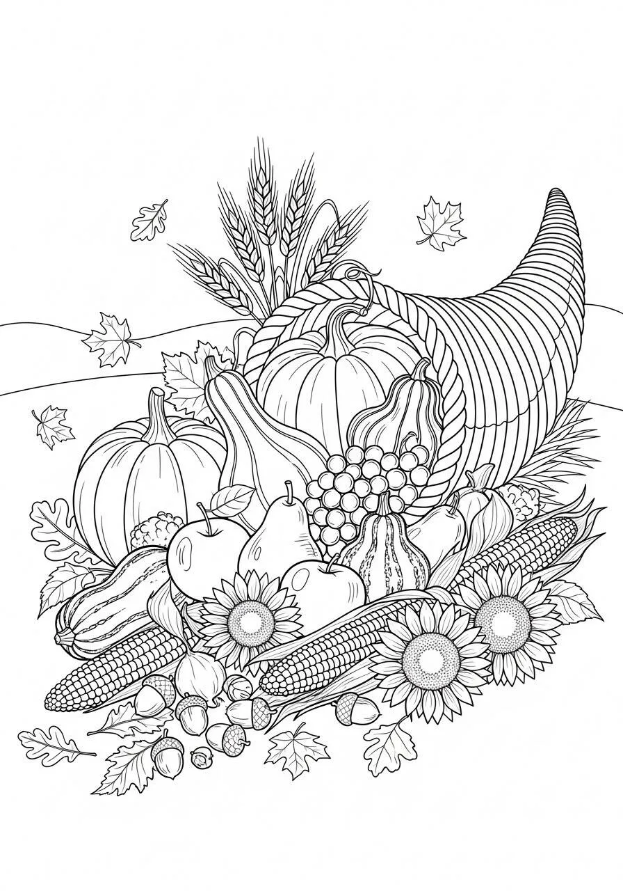 Autumn Drawing with Cornucopia Full of Fruits and Vegetables Coloring Page
