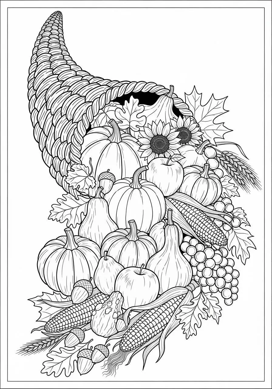 Autumn Drawing with Cornucopia Full of Fruits and Vegetables Coloring Page