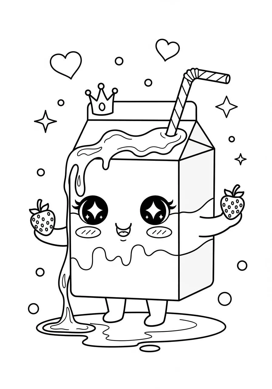 Desenho Kawaii de Caixa de Leite com Morangos para Colorir