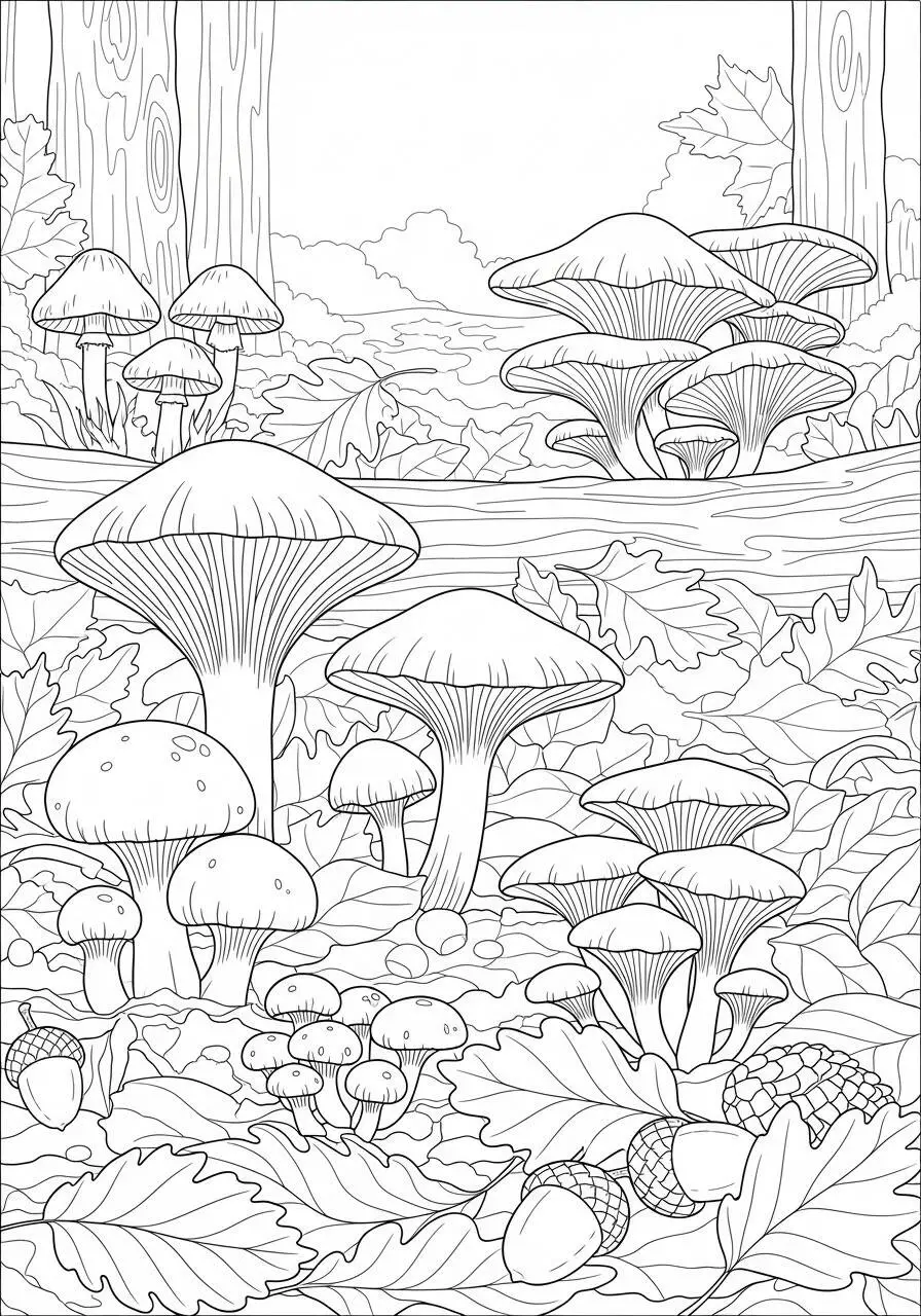 Autumn Coloring Page with Mushrooms and Leaves