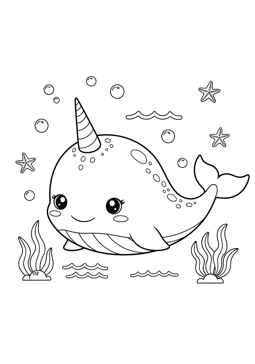 Desenho Kawaii de Narval Fofo para Colorir