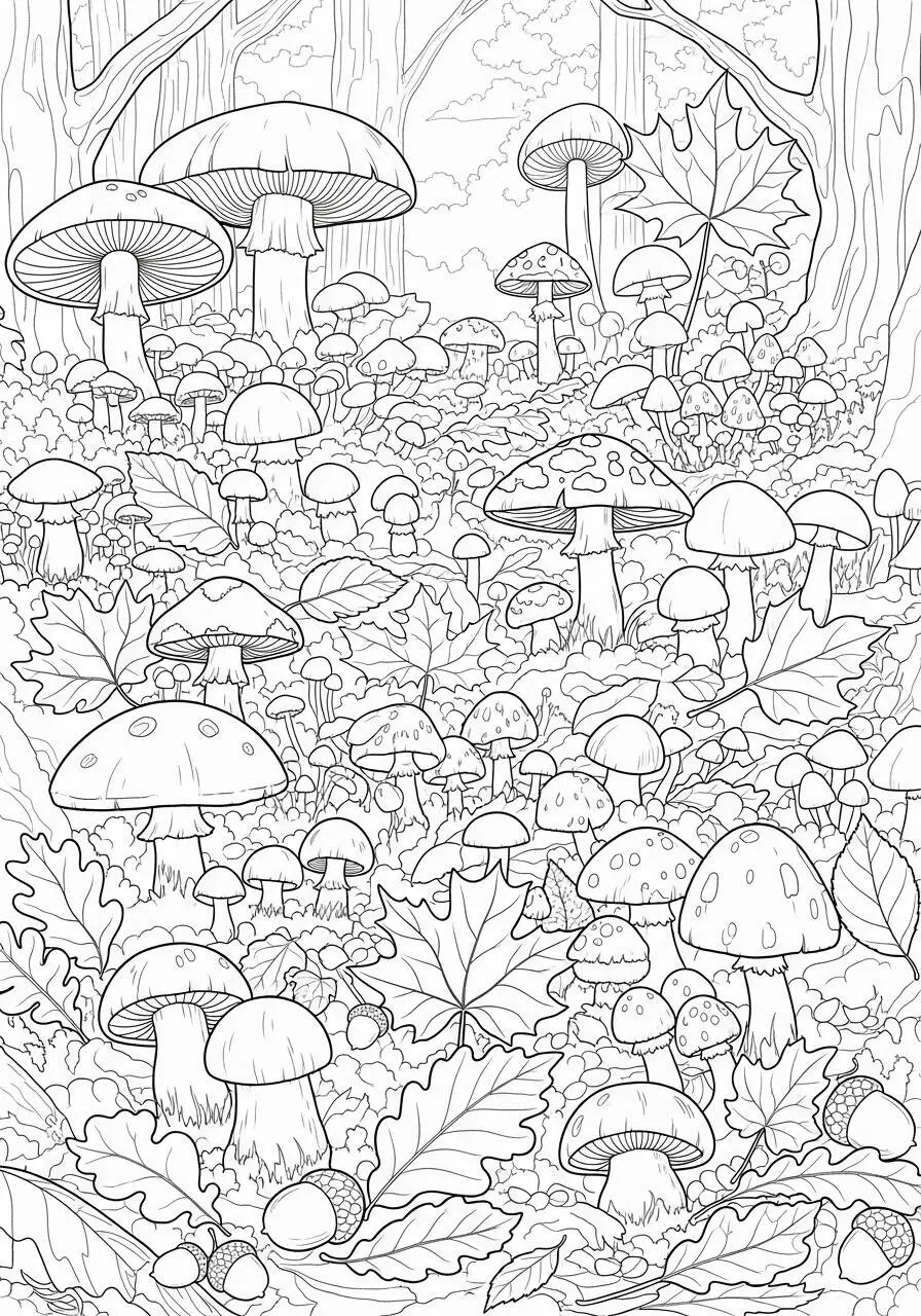 Autumn Coloring Page with Mushrooms and Leaves