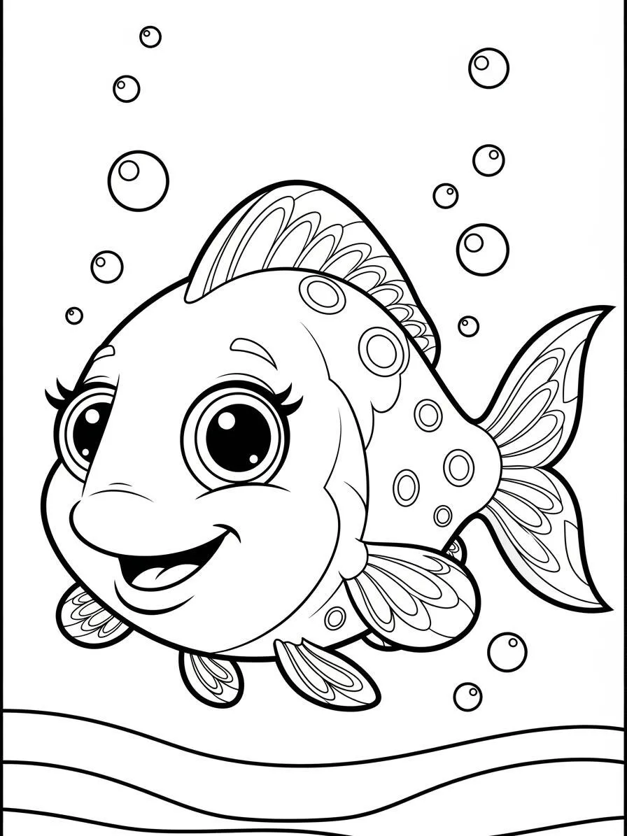 Página para colorear de pez sonriente con burbujas