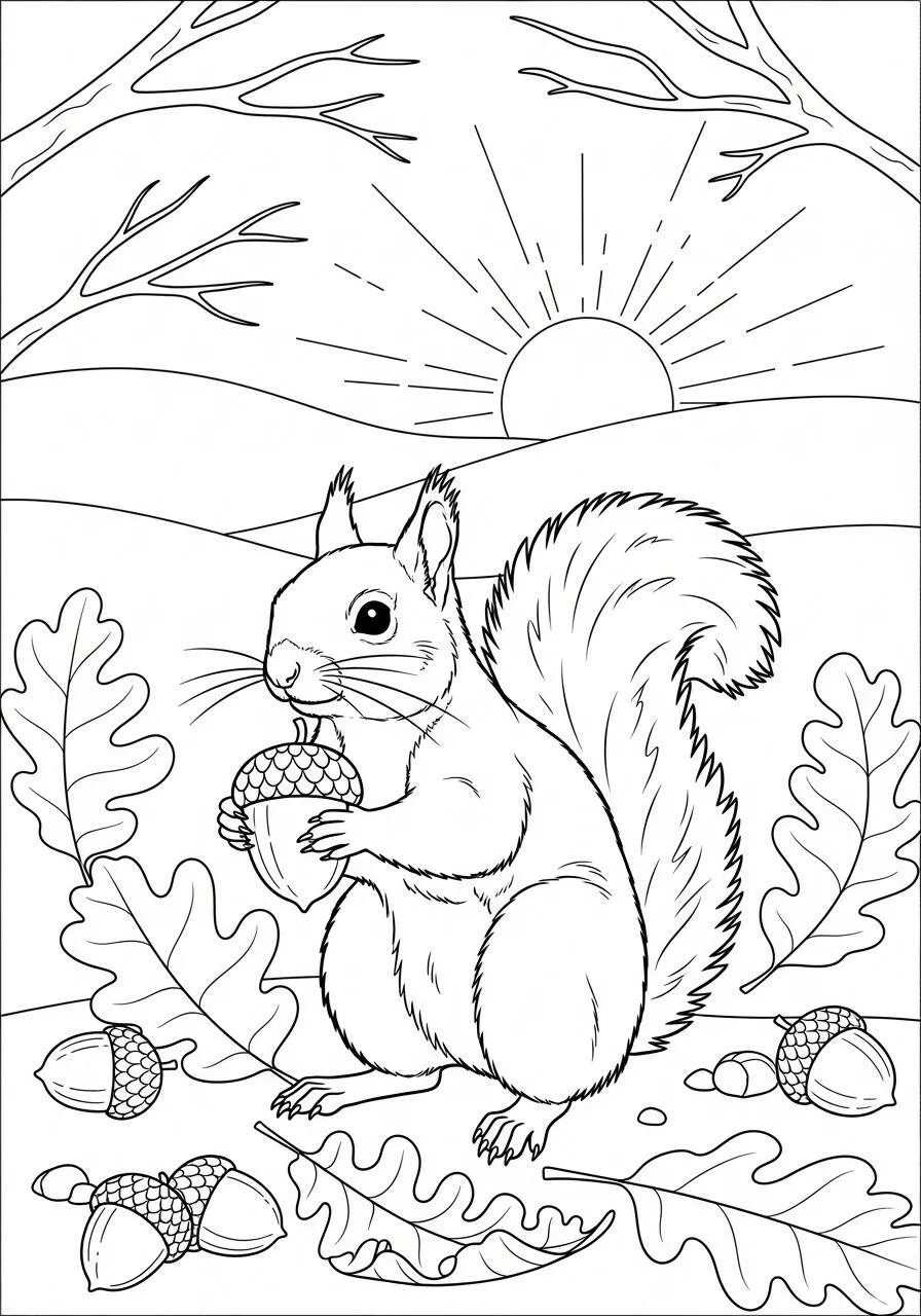 Autumn Coloring Page with Squirrel and Acorns