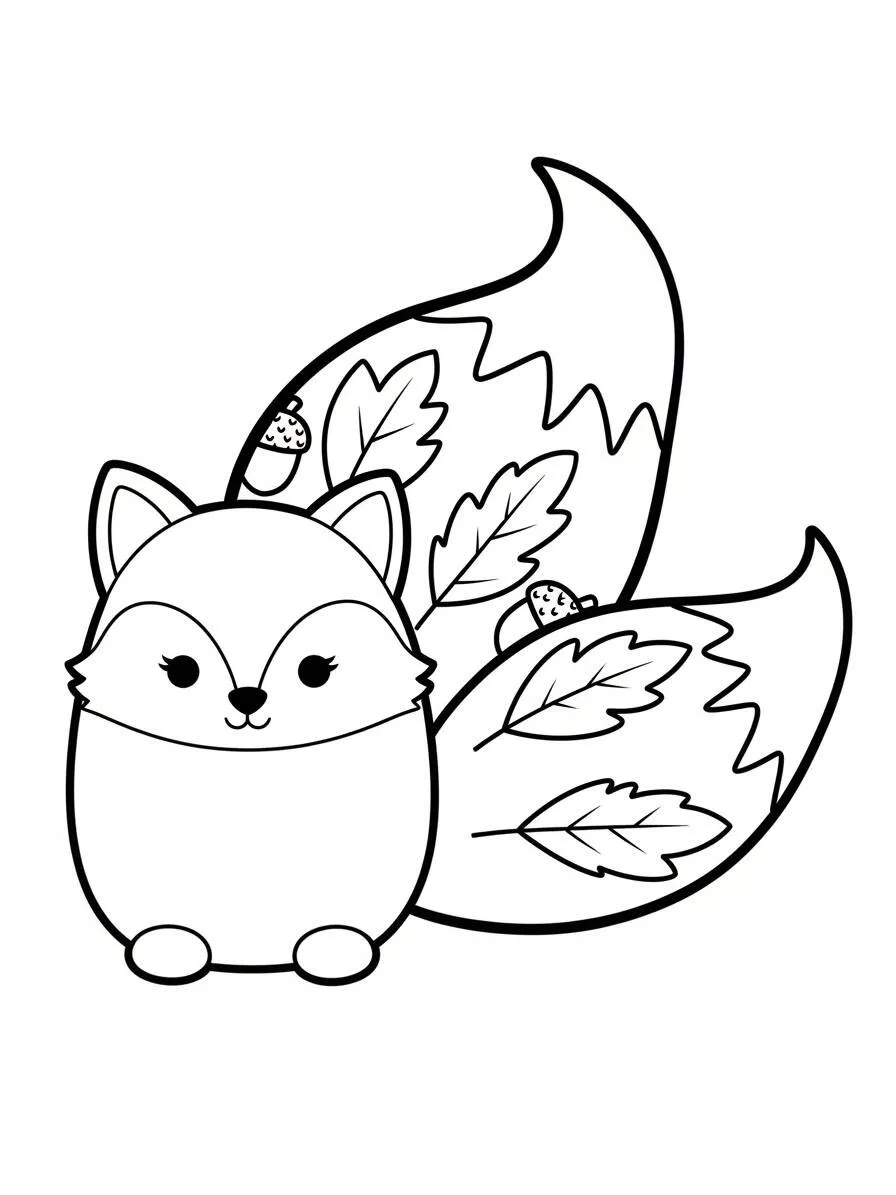 Desenho de Squishmallow Raposa Fofa com Folhas para Colorir