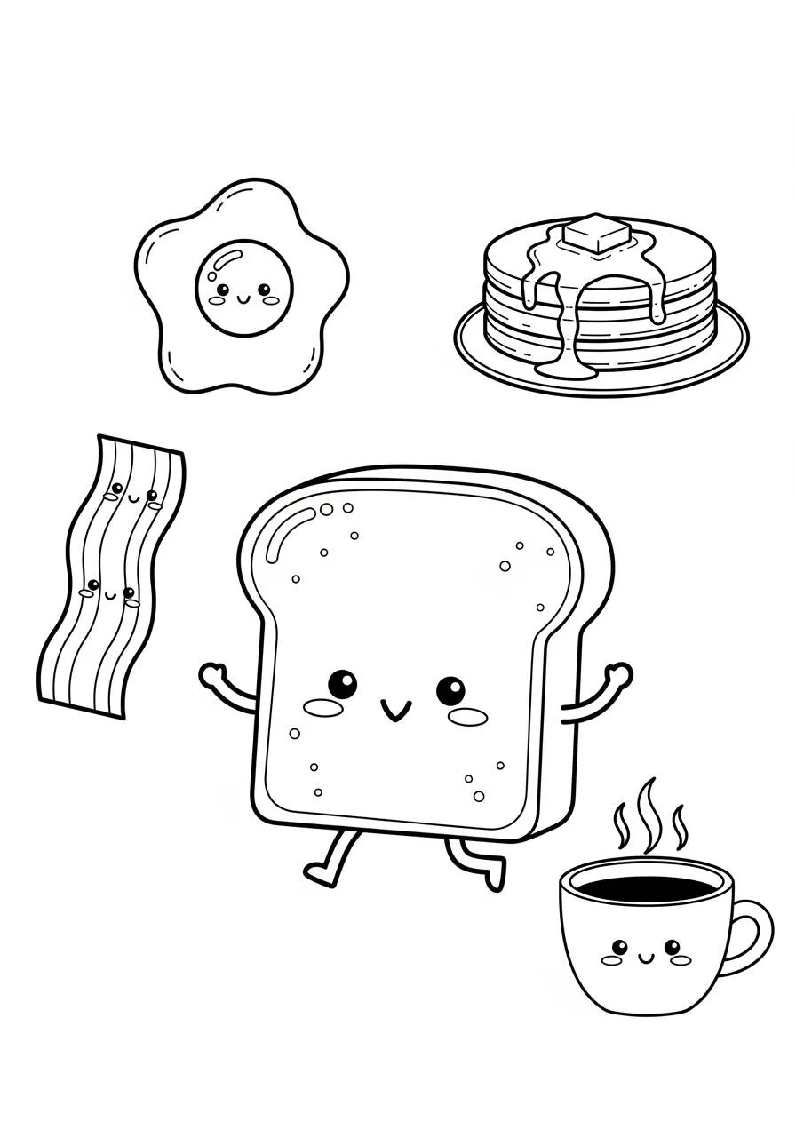 Desenho Kawaii de Café da Manhã Divertido para Colorir