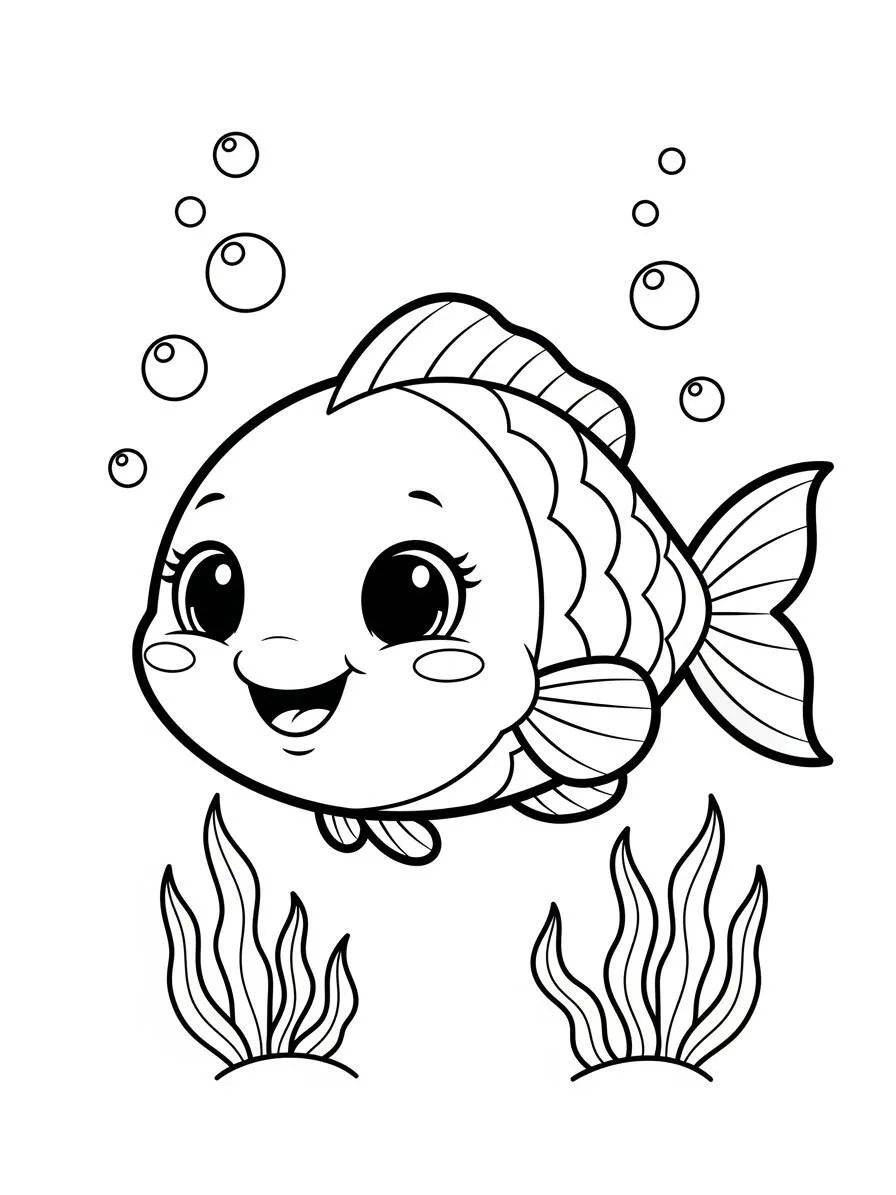 Dibujo de pez feliz con burbujas para colorear