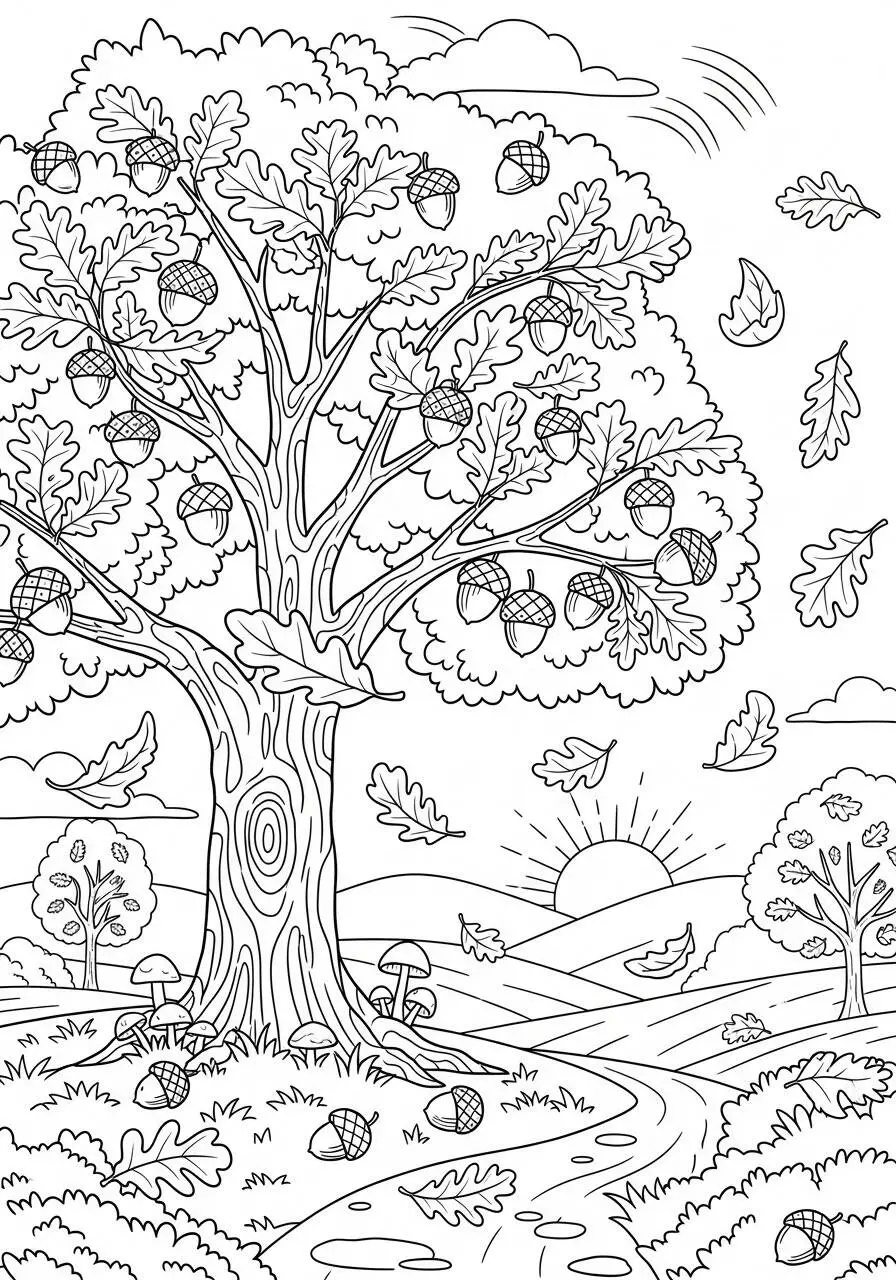 Autumn Coloring Page with Oak Tree and Acorns