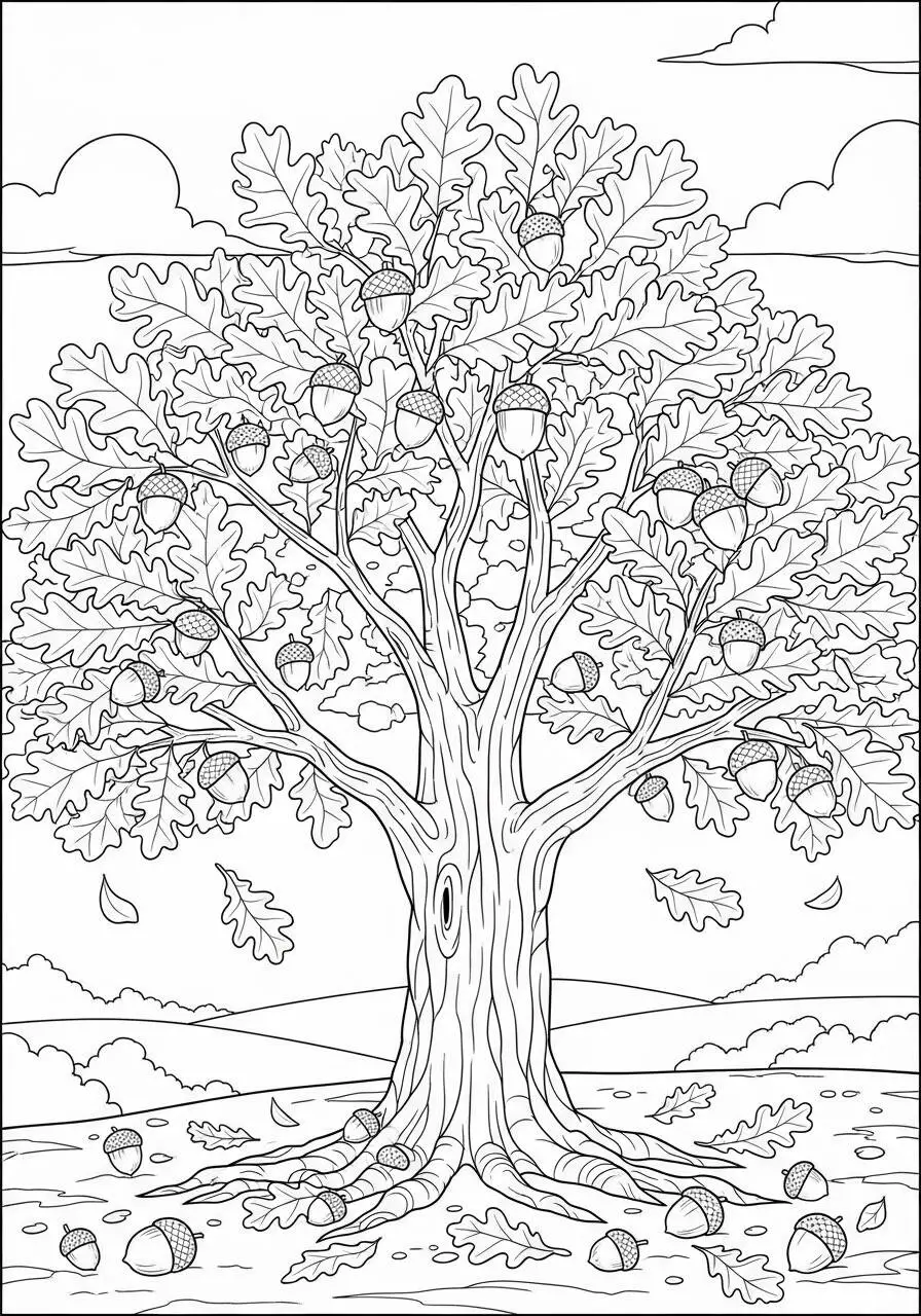 Autumn Coloring Page with Oak Tree and Acorns